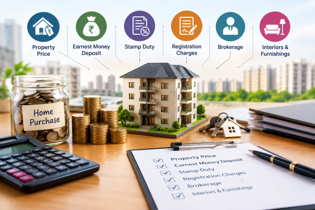 High initial costs of real estate investment, including property price, earnest money deposit, stamp duty, registration charges, brokerage, and furnishings.