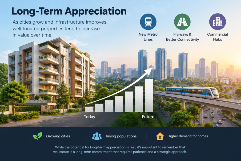 Long-term real estate appreciation showing modern apartments, rising property values, metro connectivity, and urban infrastructure development.