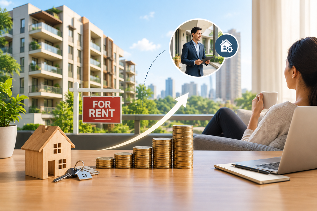 Real estate rental income with a modern apartment building, house keys, rising coin stacks, and property management.