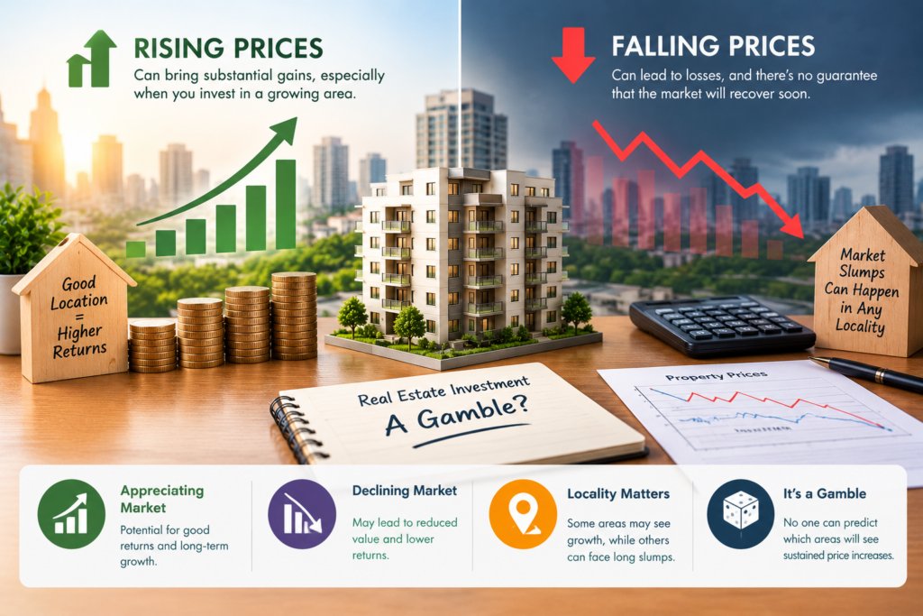 Fluctuating real estate prices illustrated with rising and falling property value charts, a residential apartment building, and investment risk indicators.