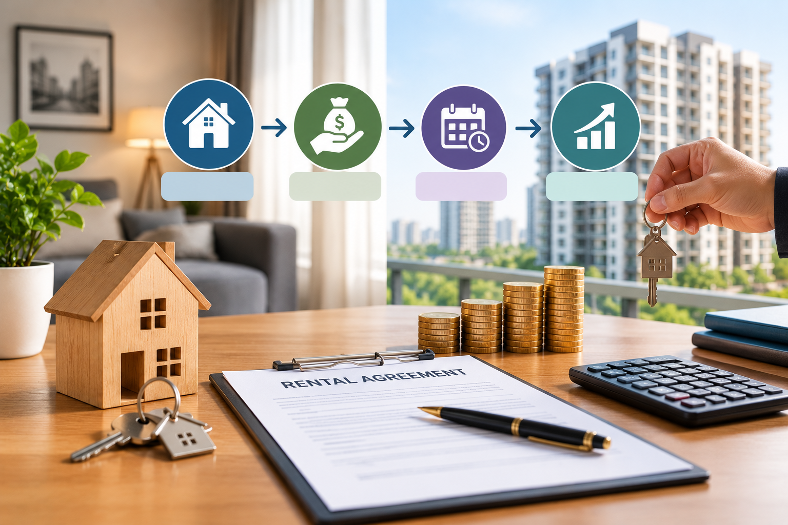 Regular rental income from real estate investment, showing a rental agreement, house keys, apartment building, and stacks of coins.