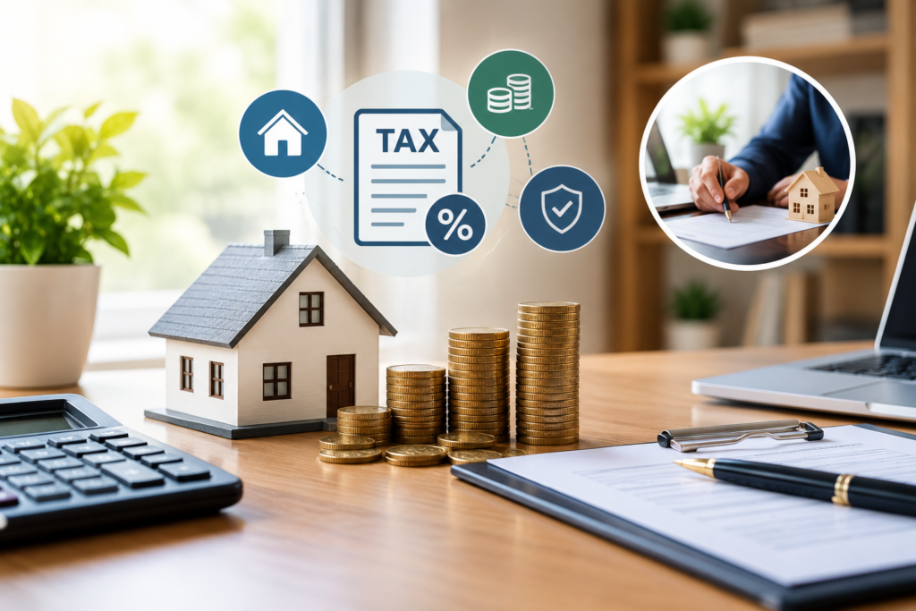 Real estate tax benefits in India illustrated with a house model, tax documents, calculator, and stacks of coins.