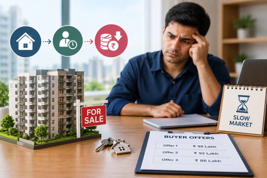 Real estate illiquidity showing a property owner struggling to sell an apartment in a slow market with declining buyer offers.
